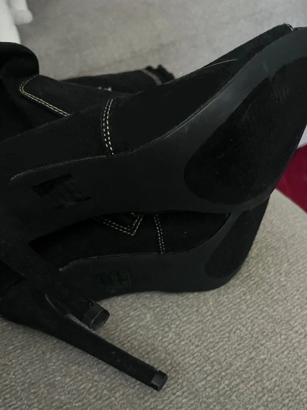 Black Stiletto High Heel Thigh High Peep Toe Stretch Black Denim Ripped Boots 8